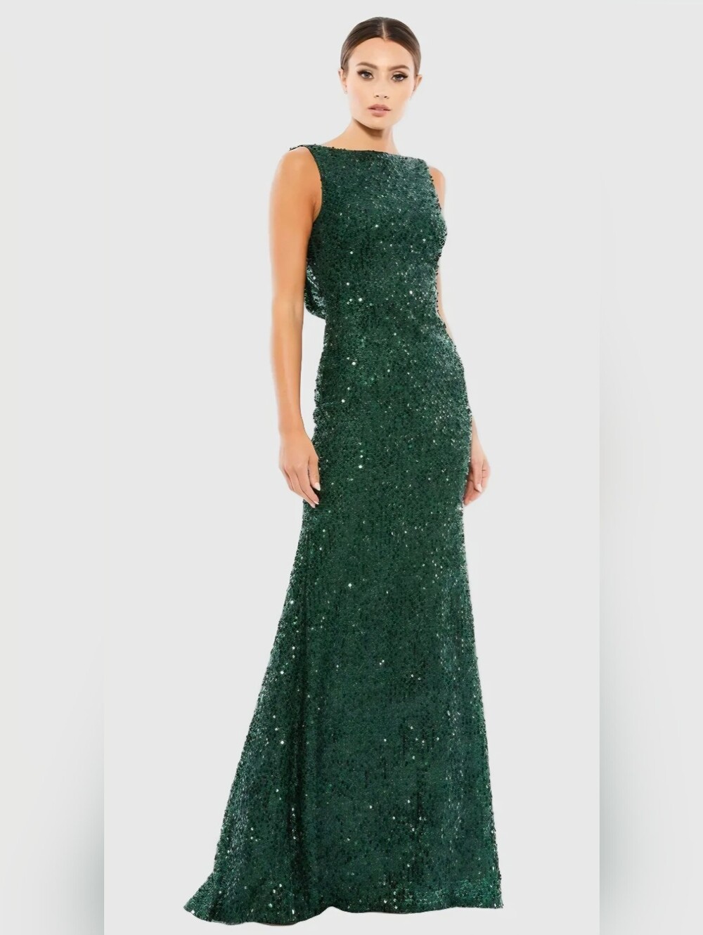 Ieena for Mac Duggal Cowl Back Boat Neck Sequined Evening Gown Emerald Size 10